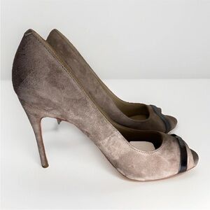 Carolinna Espinosa Women's Taupe Suede Leather Heels Shoes Peep Toe Size 7 Metal